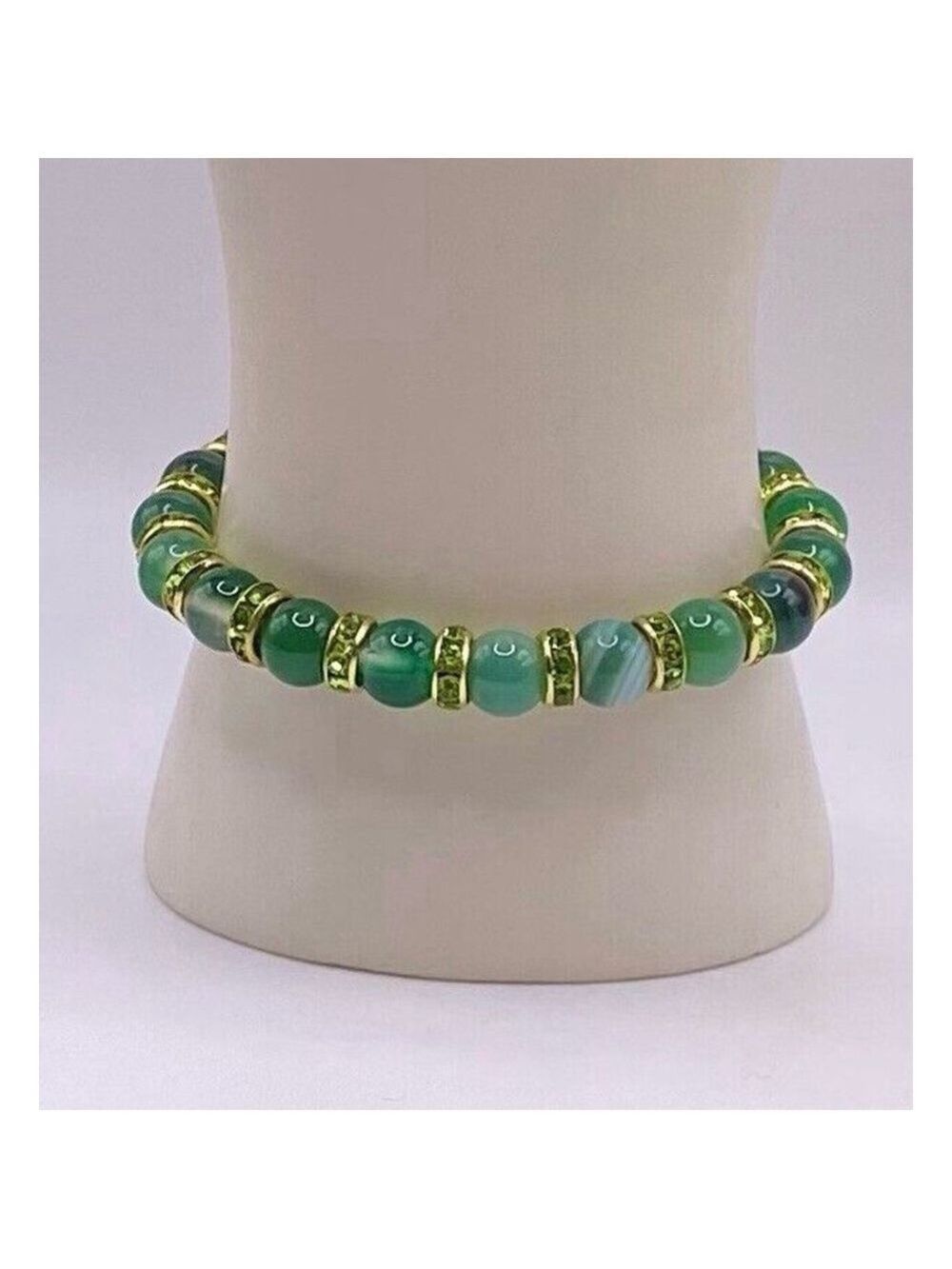 Round Green Bead Bracelet Green & Gold Sparkling Spacers Size: Small Wrist - Picture 3 of 6